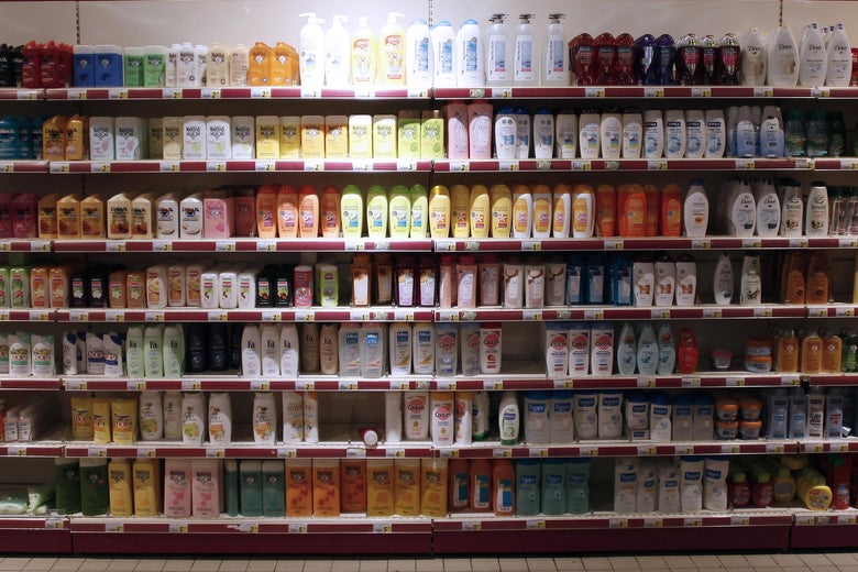 Shampoo bottles are displayed at a supermarket in Herouville Saint-Clair, northwestern France, on February 26, 2013. AFP PHOTO/CHARLY TRIBALLEAU. (Photo credit should read CHARLY TRIBALLEAU/AFP/Getty Images)